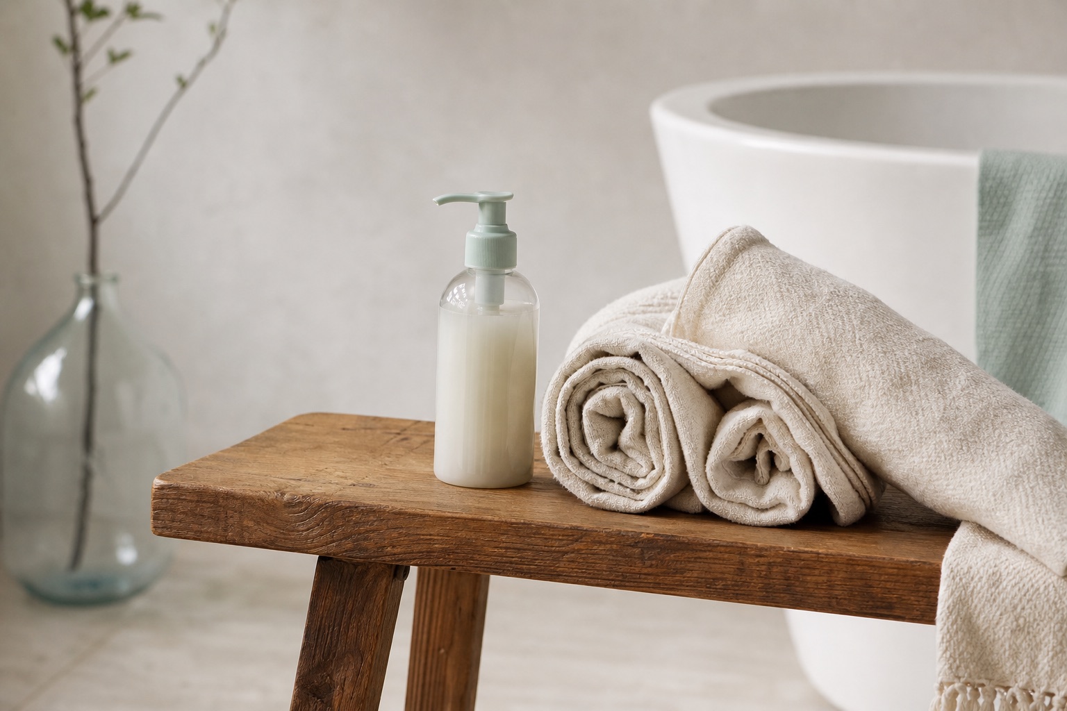 Opgerolde ongebleekte katoenen handdoeken op een houten bankje in een lichte minimalistische badkamer, één flesje verzorging zonder etiket