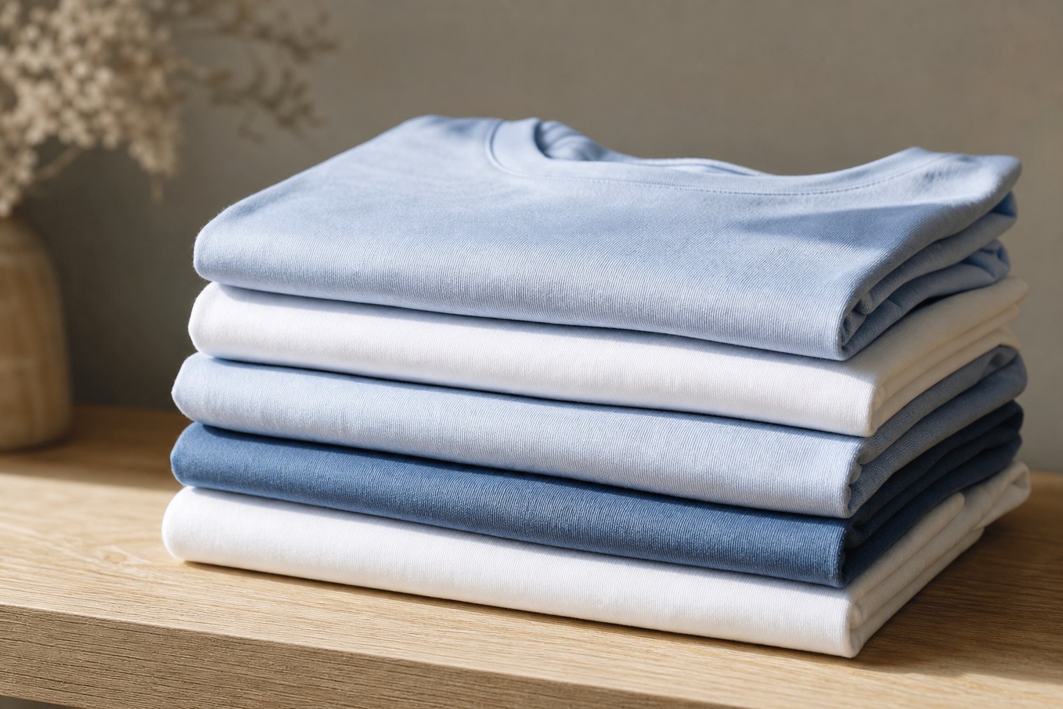 Netjes gevouwen stapel schone katoenen shirts in zachtblauwe en witte tinten op een lichte houten plank